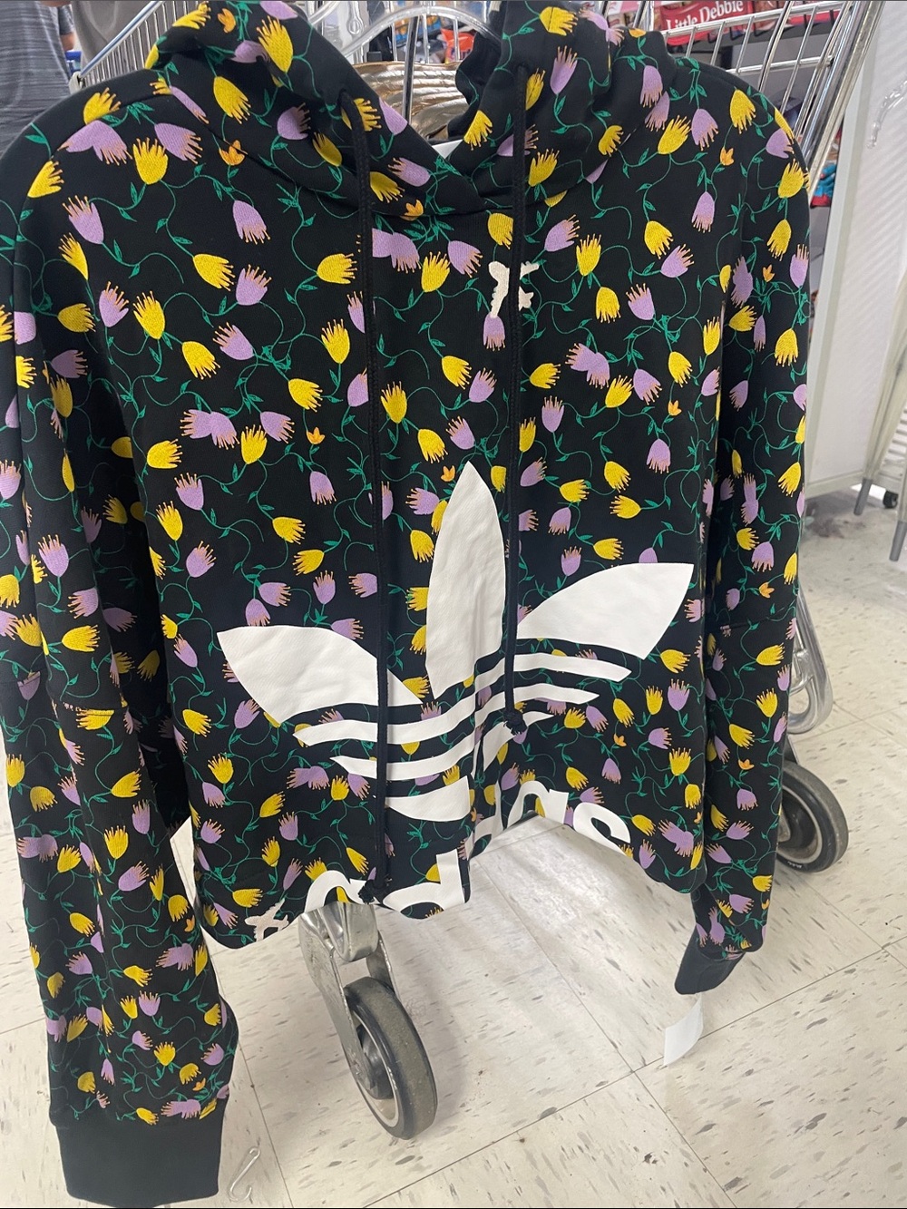 adidas Black Cropped Hoodie with Yellow & Lavender Floral Print